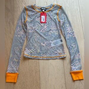 Diesel Sheer Mesh Long Sleeve Top | Abstract Print | Stretch | NWT $250 | XS